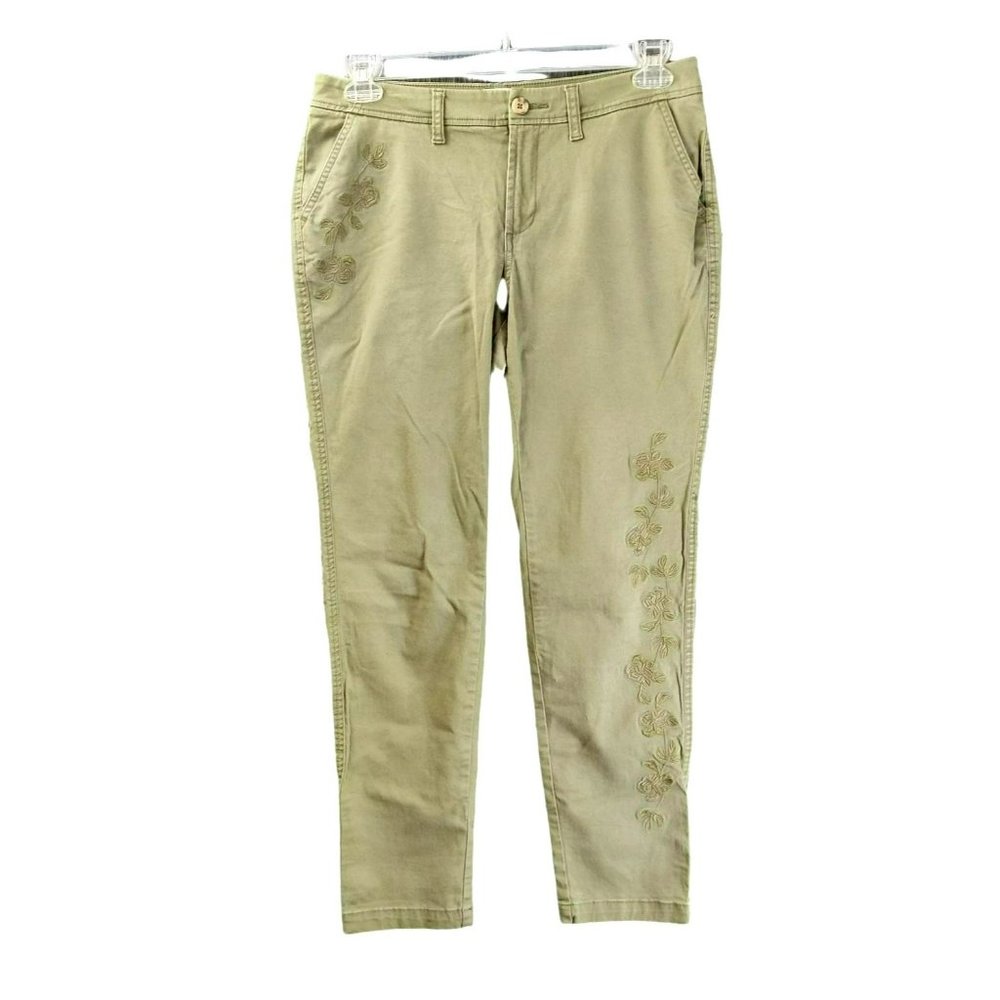 A New Day Stretch Women's Size 8 Stitch Embroidered Floral Detail Olive Pants